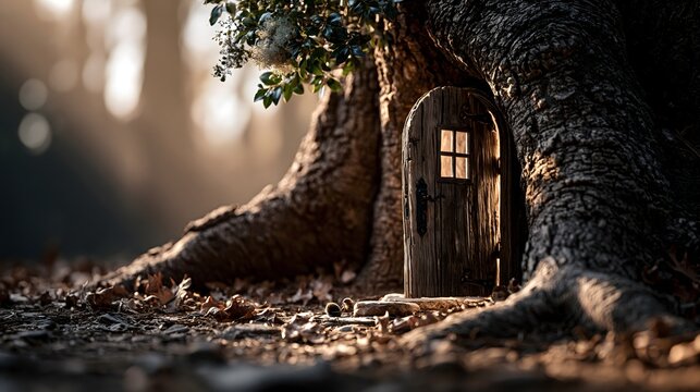 Kleine T&uuml;r im Baumstamm als magischer Eingang in eine Fantasiewelt