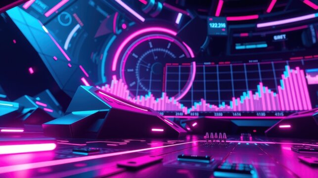Futuristic cockpit interior. Neon lights illuminate complex displays, charts, controls. Dark background emphasizes vibrant pinks, blues.