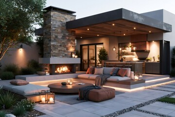 Fototapeta premium Modern patio creating luxury outdoor living space at sunset