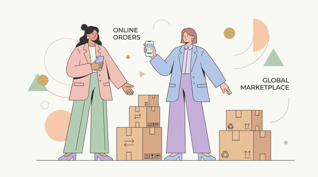 Two people standing with boxes and online orders in a global marketplace scene