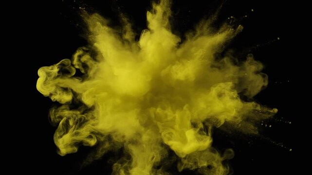Yellow smoke explosion footage. Four symmetrical bursts of bright yellow vapor expanding slowly against a solid black background. Ideal for motion graphics and visual design overlays.