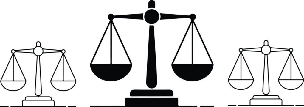 Minimal scales of justice vector illustration featuring balanced legal symbols arranged in clean monochrome 2x2 grid composition design.