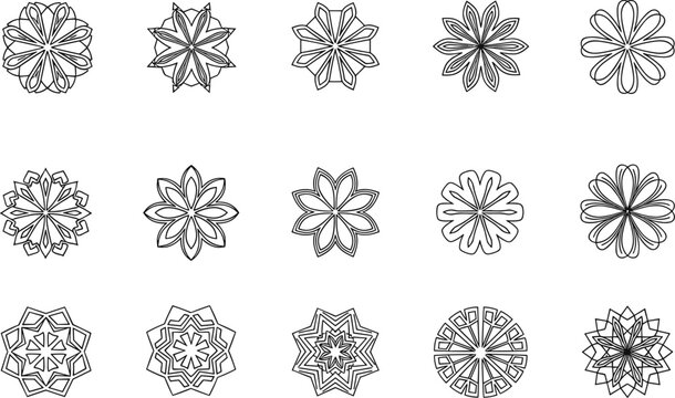 Abstract Floral Mandala Geometric Ornament Line Icons Set With Decorative Star Rosette Patterns Vector Illustration Design