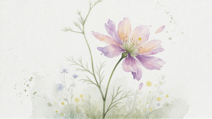 Fototapeta premium Single pink cosmos flower blooming against pale watercolor background
