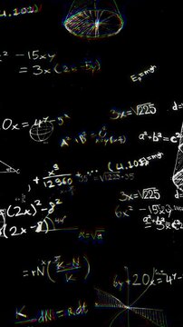 3D animated white chalk hand-drawn math formulas drifting on dark. Vertical 4K overlay or background footage.