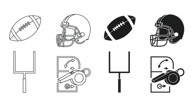 American Football Equipment Icons: Helmet, Ball, Goalpost, Whistle