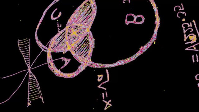 3D animated hand-drawn math formulas moving in pink and magenta on black. Bold overlay or background for creative video.