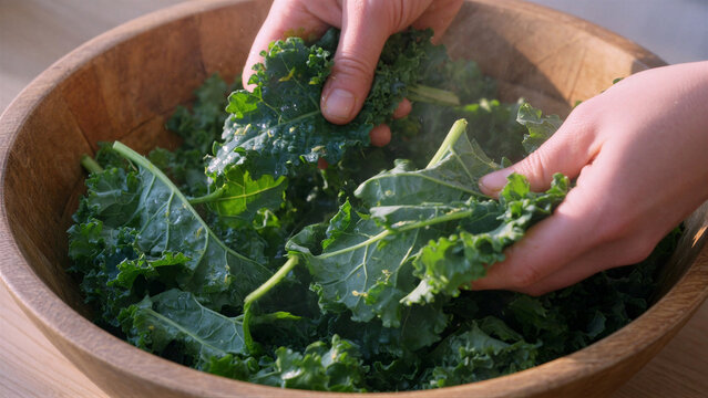 Hands mixing steamed kale in wooden bowl on kitchen counter
