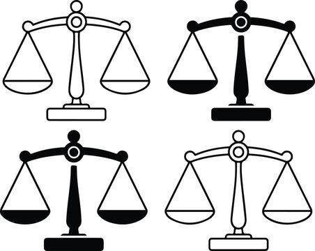 Minimal scales of justice vector illustration featuring balanced legal symbols arranged in clean monochrome 2x2 grid composition design.
