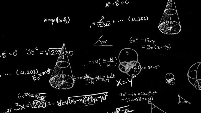 Wide-scatter 3D hand-drawn math formulas drifting in white on black. Overlay or background for educational and cinematic work.