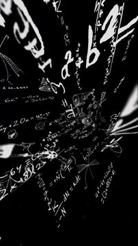 3d animation of floating math and algebra calculations like writings on a chalkboard, science concept