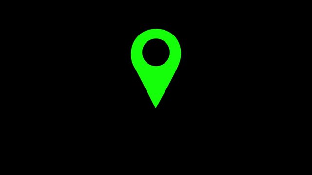 Animated GPS map pin pointer and route tracker with point of interest marker, appearing navigation sign and radio wave signal on black background for modern digital map interface design animation