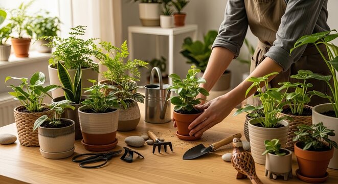 A person is tending to a garden, carefully planting and arranging various plants and flowers. The garden is set in a serene, natural setting with a wooden fence and a clear blue sky in the background.