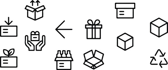 Fototapeta premium Collection of simple black outline box icons including gift wrap open parcels handle with care signs and sustainable eco friendly packaging symbols,.