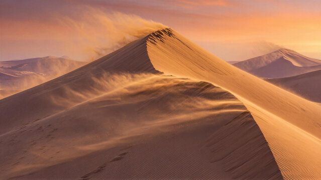 Sand dune shifting under wind in desert sunset landscape