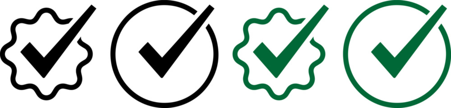 Set of check mark icons in circle and scalloped badge shapes