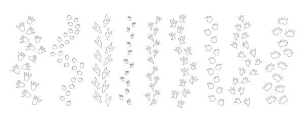 Outline Dinosaur Footprint Set. Dino Dragon Print Foot Paw Bundle. Dinosaur Footprint Track Kit. Doodle Line Vector Illustration for Coloring Page © Anna Drozdova