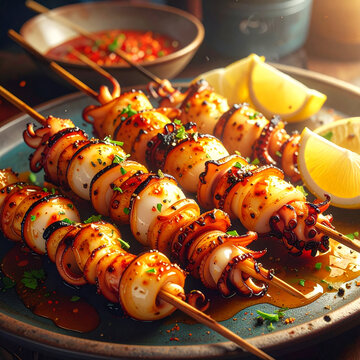 Grilled squid skewers with lemon