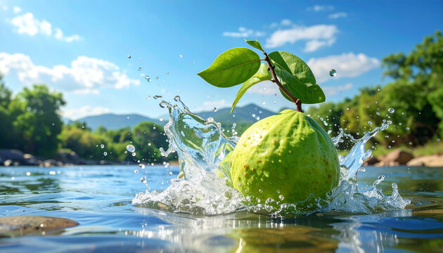 Fresh green guava water splash