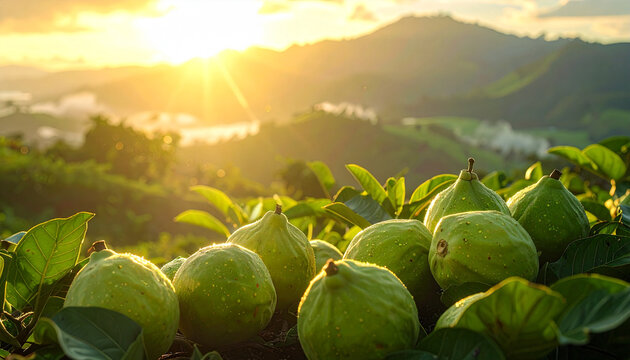 Fresh green guavas at sunrise.