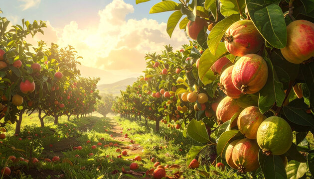 Golden Sunlit Ripe Fruit Orchard