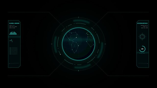 Advanced holographic dashboard displaying global sensor data and system metrics with circular HUD and data visualizations