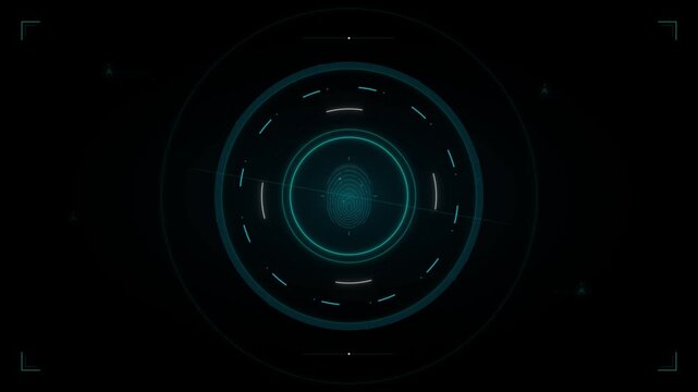Dark digital interface with a central glowing cyan fingerprint scan and concentric rings on a black background