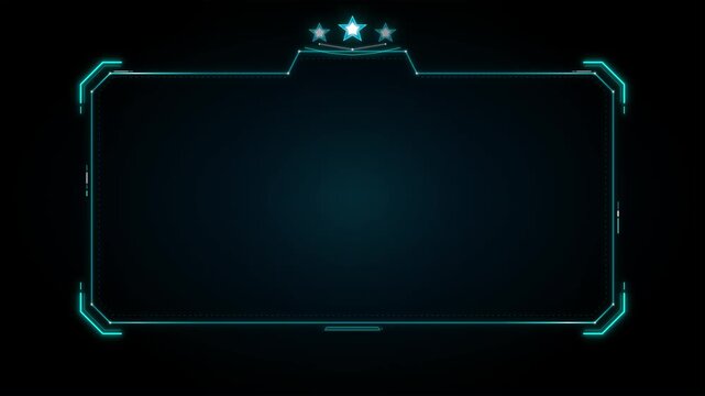 Futuristic digital frame with cyan glowing accents and three stars on a dark background