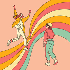 Two friends celebrating and walking on abstract rainbow path illustration with celebration © riya