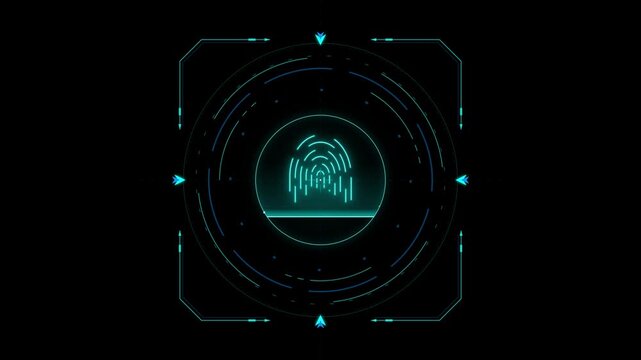 Futuristic holographic fingerprint scanner interface with digital targeting reticle and glowing cyan lines on black background