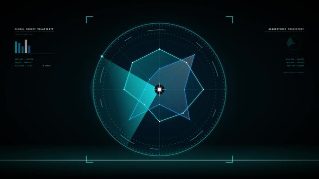 Futuristic radar screen displaying global market volatility and algorithmic trajectory with data visualizations and targeting reticles