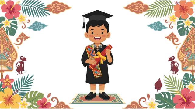 A young boy in a graduation cap and gown holds colorful leis in a tropical floral setting outdoors.