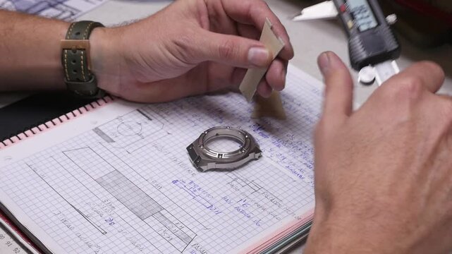 Close up shot of artisan hands using electronic vernier caliper to measure a watch part over a notebook with technical drawings, sketches, and leather templates.