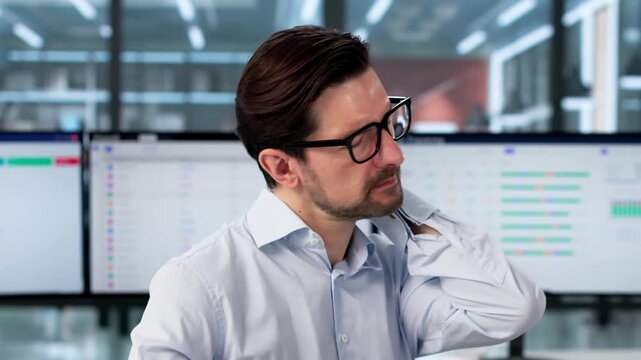 Man Sits At Office Desk Rubbing Neck To Relieve Pain