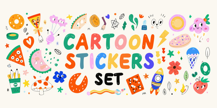 cartoon sticker set playful hand drawn illustrations with colorful objects