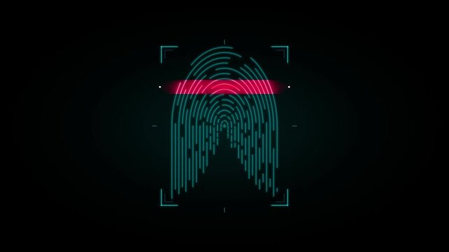 Biometric fingerprint identification with a red light scanner and teal digital lines