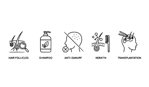 Black and white hair growth and scalp treatment icon set vector illustration