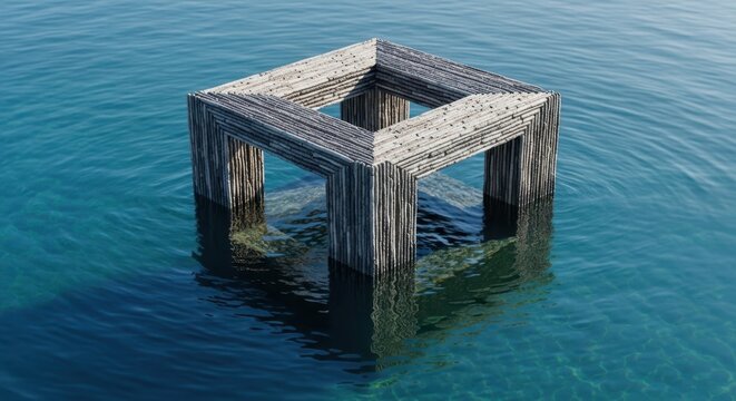 Abstract wooden cuboid structure submerged in calm blue ocean water, showcasing reflective surfaces and natural textures