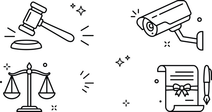 Law justice security and legal compliance line icons set with judge gavel surveillance cctv camera scales certificate concept