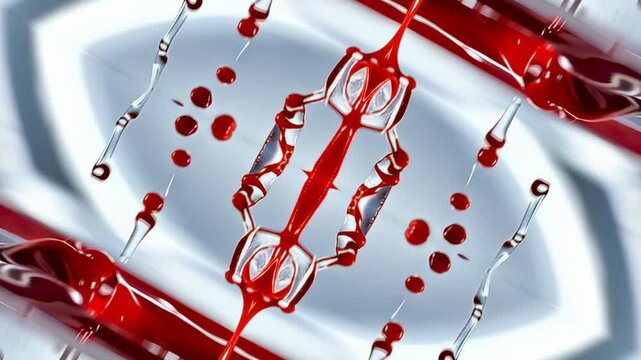 Macro view of red liquid forming complex organic structure, reflective surface and dynamic fluid shapes resembling biological material, laboratory experiment and abstract biomedical environment.