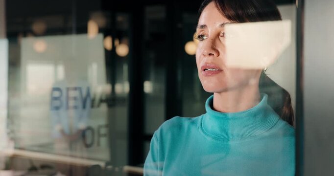 Cafe, window and disappointed woman with call fail, delay or crisis for delivery service. Phone, block and small business owner with stress, frustrated or worried for late stock or supply chain