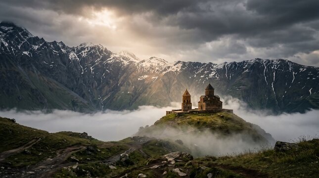 Gergeti Trinity Church in the Caucasus Mountains of Georgia
