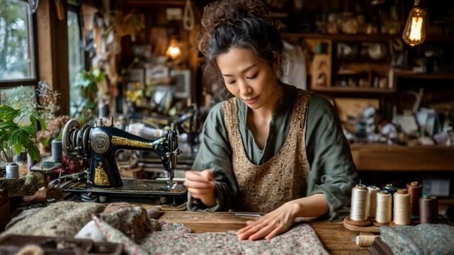 Artisan at Work: A skilled artisan with her hair tied up in a bun, focuses intently on her sewing work in a charming, rustic workshop, surrounded by spools of thread and vintage sewing machines.