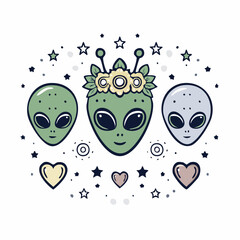 Obraz premium Three Alien Heads with Flowers and Hearts
