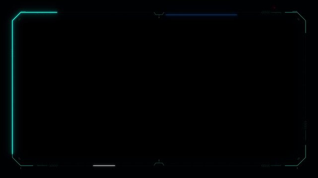 Minimalist futuristic frame with glowing cyan lines and subtle red dot on black