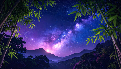 Obraz premium 幻想的な竹林と天の川の星空背景｜七夕をイメージした銀河と夜空のファンタジー風景