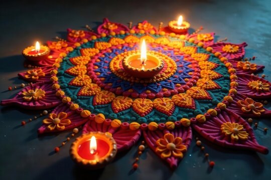 Intricate rangoli pattern with diyas & flowers , illustration, decoration, auspicious