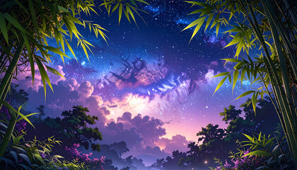 Obraz premium 幻想的な竹林と天の川の星空背景｜七夕をイメージした銀河と夜空のファンタジー風景