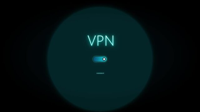 Digital VPN connection interface with glowing neon text and toggle switch on dark background