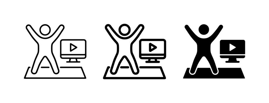 Online Fitness Icons, Digital Workout Graphics, Home Exercise Vector Set